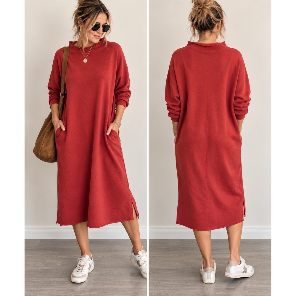 Frank & Eileen Red Cotton French Terry Sweatshirt Dress L Raw Edge Comfy Fall